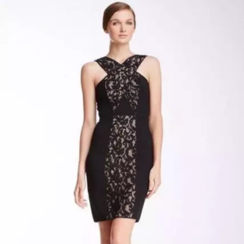 BCBG Max Azria NWT Black Sleeveless โClaudine" Sheath Dress w/ Lace Paneling